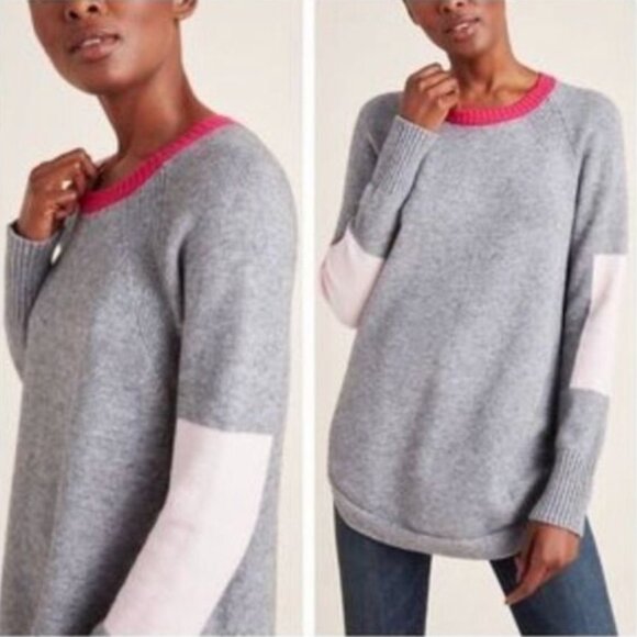 Anthropologie Rebekah Gray Pink Color Block Tunic Sweater Size Small - Picture 1 of 10